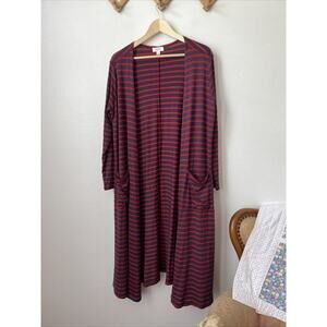 Lularoe Sarah blue red striped calf length cardigan duster open front sz‎ M